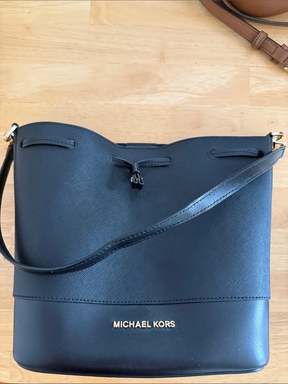 Michael Kors Black Leather Drawstring Bucket Crossbody
